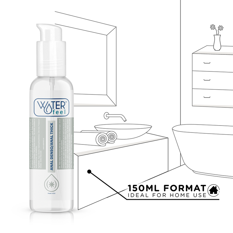 Bottle of 'Waterfeel' product with a bathroom illustration in the background