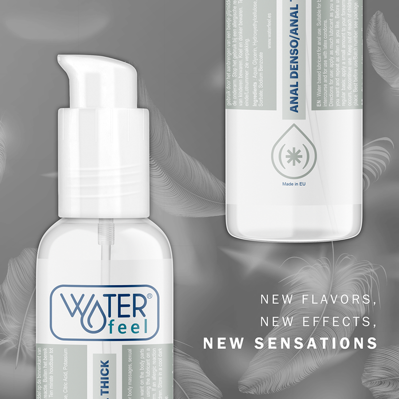 Bottle of Waterfeel product with feather background