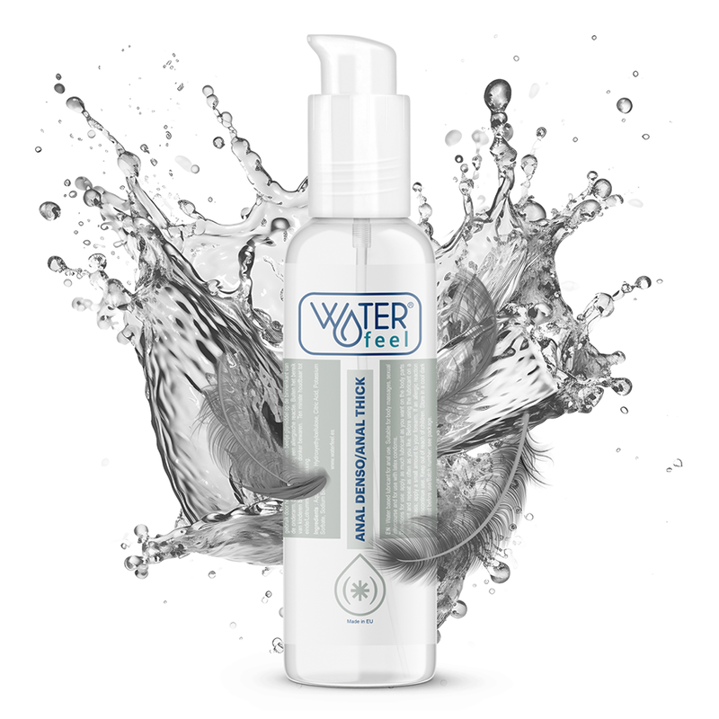 Bottle of 'Waterfeel' product with water splash effect on a white background