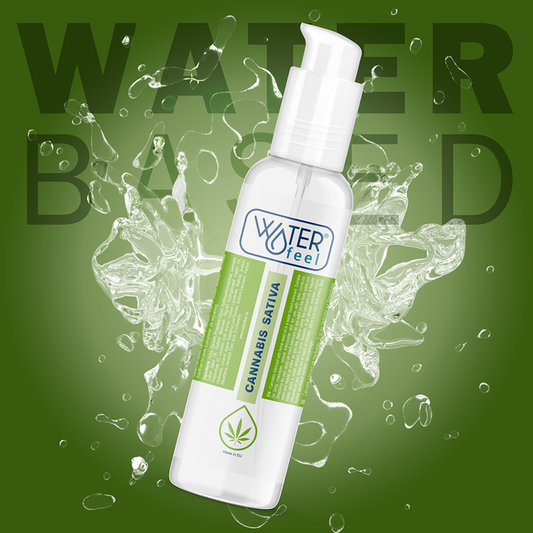 Bottle of 'Water Feel' cannabis sativa product on a green background with water effects.