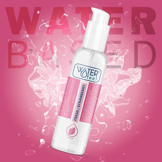 Lotion bottle with pink label on a pink background with water-themed graphics