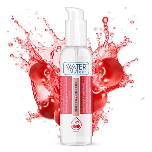 Bottle of Waterfeel Cereza Cherry product with cherry graphics on a white background