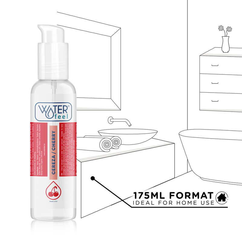 Bottle of 'Waterfeel' product with cherry flavor label on a bathroom background