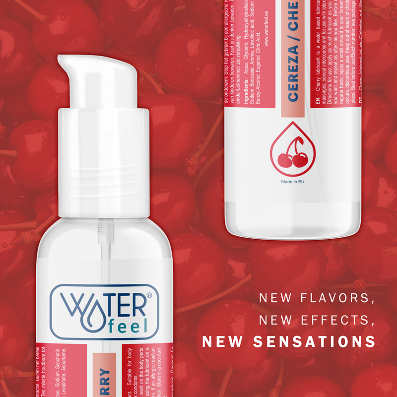 Bottle of Waterfeel product with cherry flavor on a red background