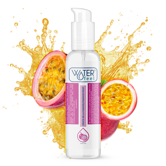Bottle of 'Waterfeel' product with passion fruit on a white background