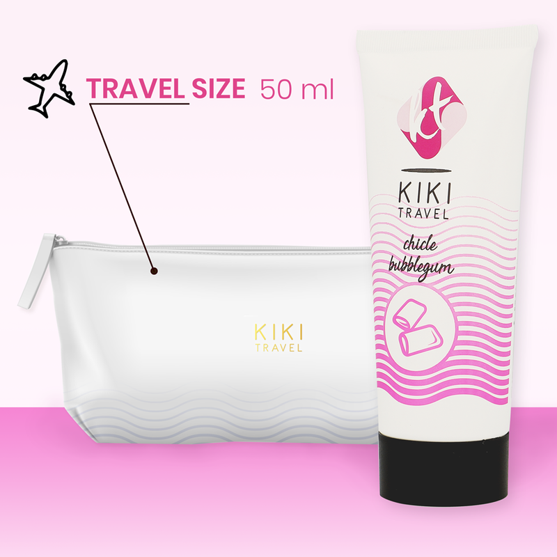 KIKI Travel bubblegum product with travel-sized packaging on a pink background