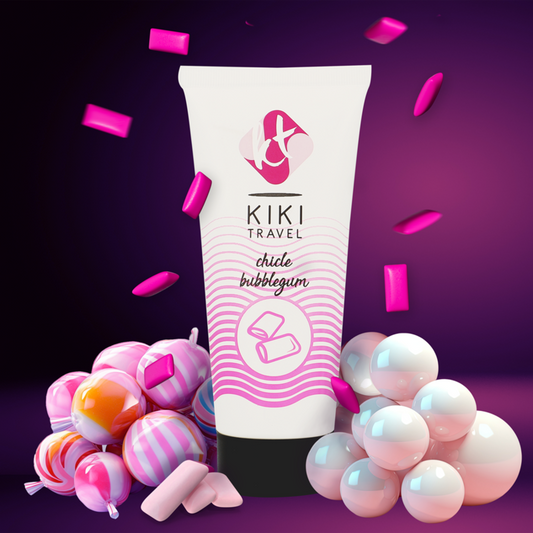 Kiki Travel bubblegum-flavored product with colorful candies and balloons on a purple background