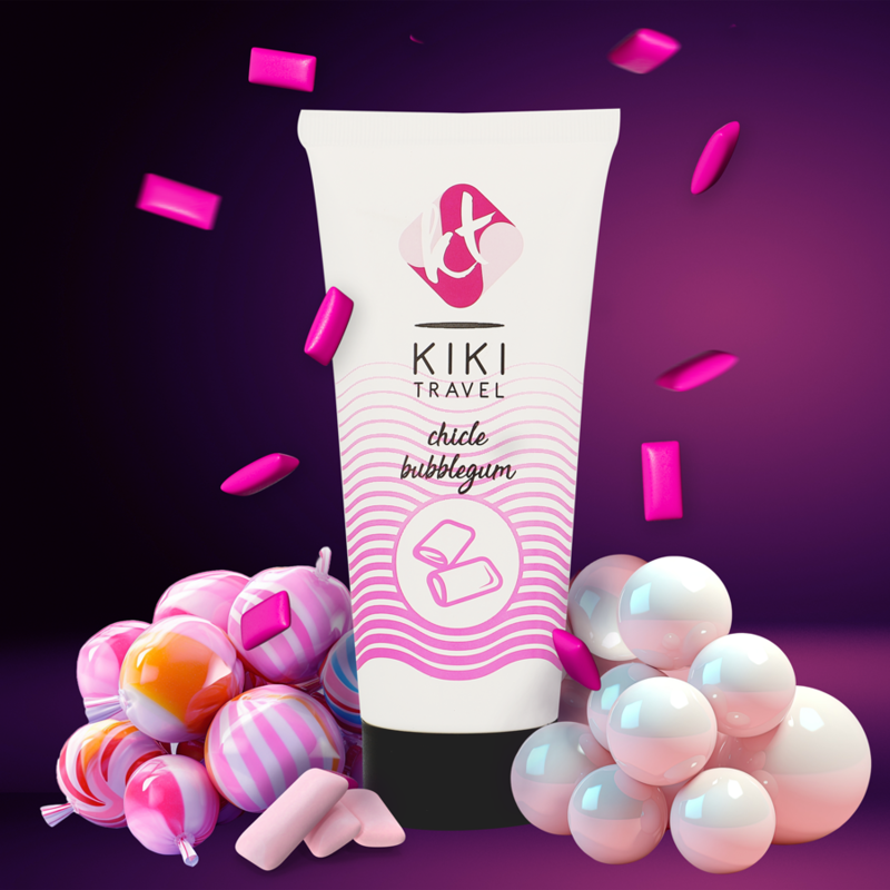 Kiki Travel bubblegum-flavored product with colorful candies and balloons on a purple background