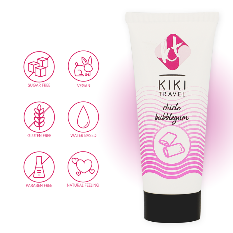 KIKI Travel chicle bubblegum product with icons indicating sugar-free, vegan, gluten-free, water-based, paraben-free, and natural feeling.