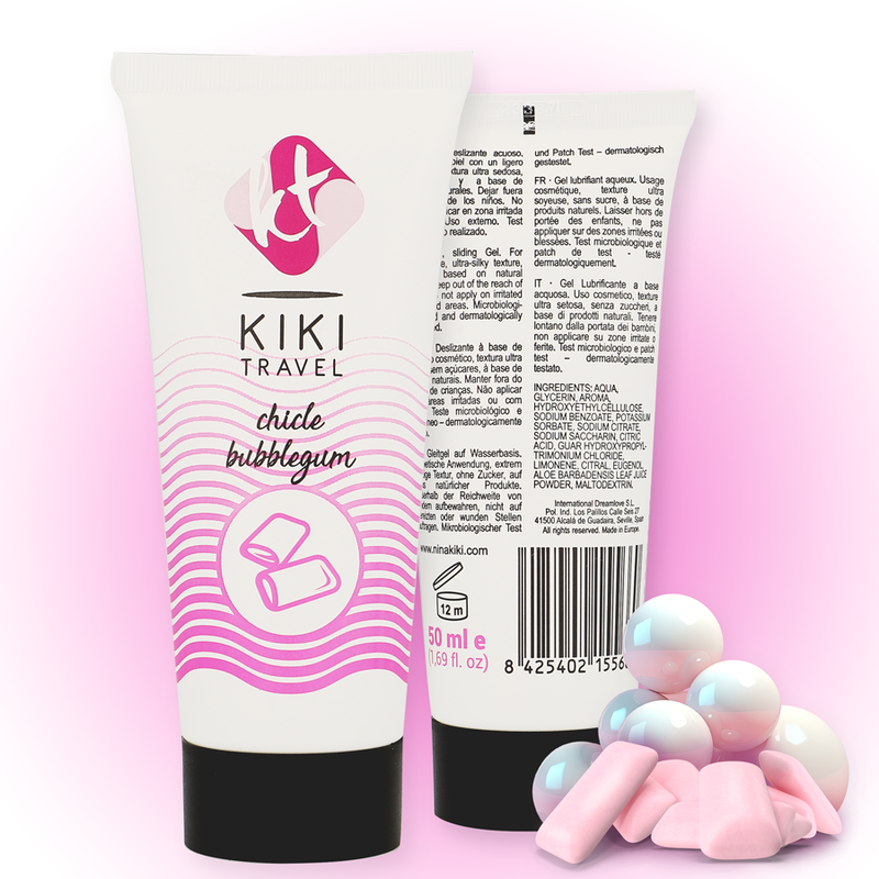 KIKI Travel chicle bubblegum product packaging with pink and white design on a pink background.