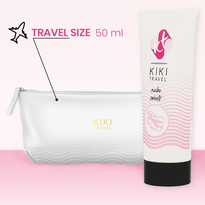 Kiki Travel size product with pouch on pink background