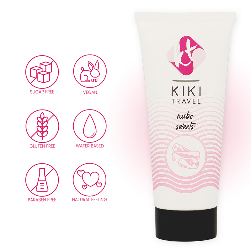 KIKI Travel nube sweets product with icons indicating sugar-free, vegan, gluten-free, water-based, paraben-free, and natural feeling properties.
