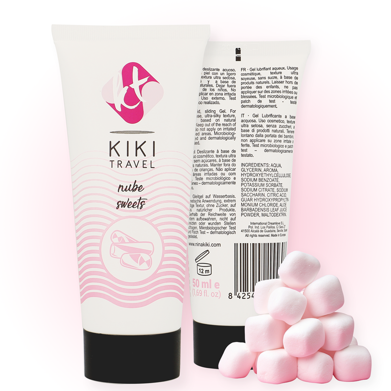 Kiki Travel product packaging with pink candy on a white background