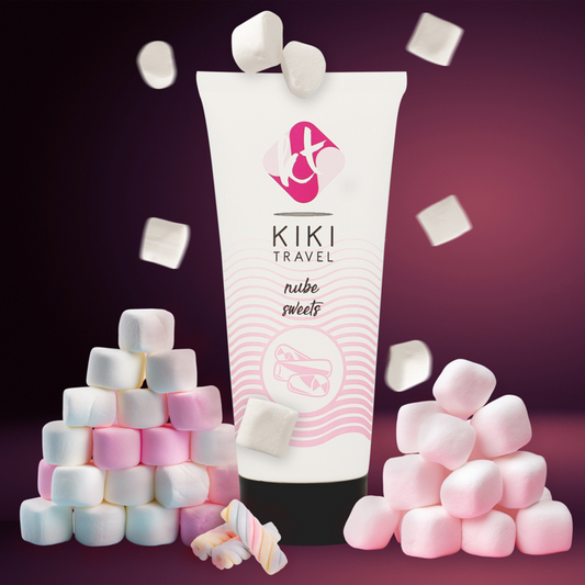 KIKI Travel tube of nube sweets with marshmallows on a purple background