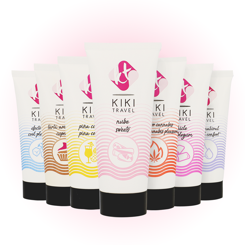Set of KIKI Travel skincare products with colorful labels on a white background