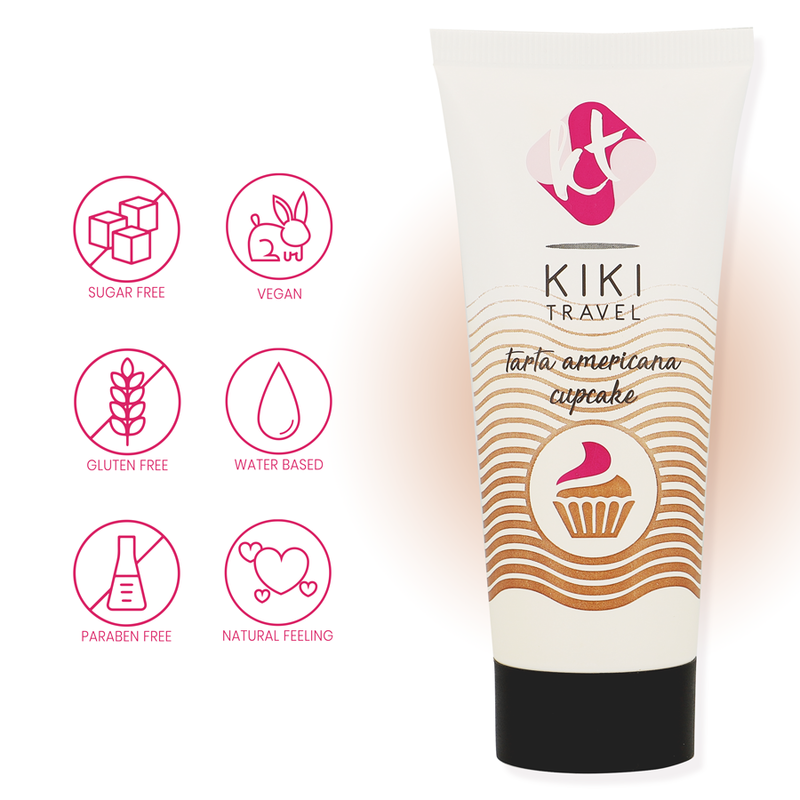 Kiki Travel product with icons indicating sugar-free, vegan, gluten-free, water-based, paraben-free, and natural feeling properties.