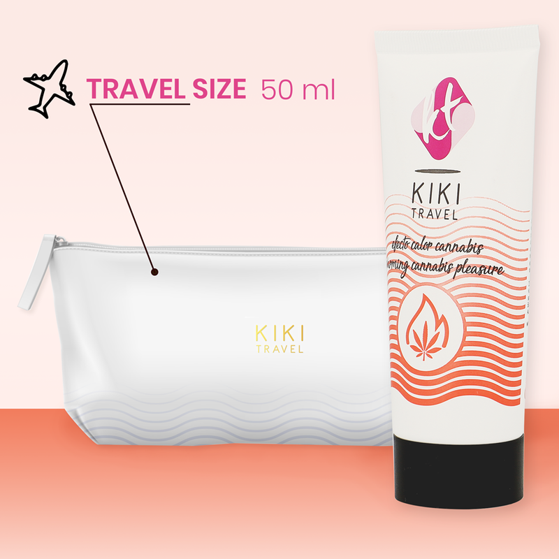 KIKI Travel size product with pouch on a pink background