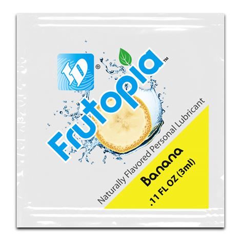Frutopia banana-flavored personal lubricant packaging on a white background
