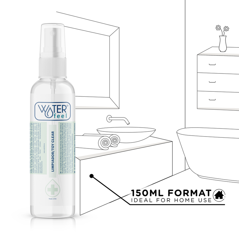 Bottle of 'Water feel' product with a bathroom illustration in the background