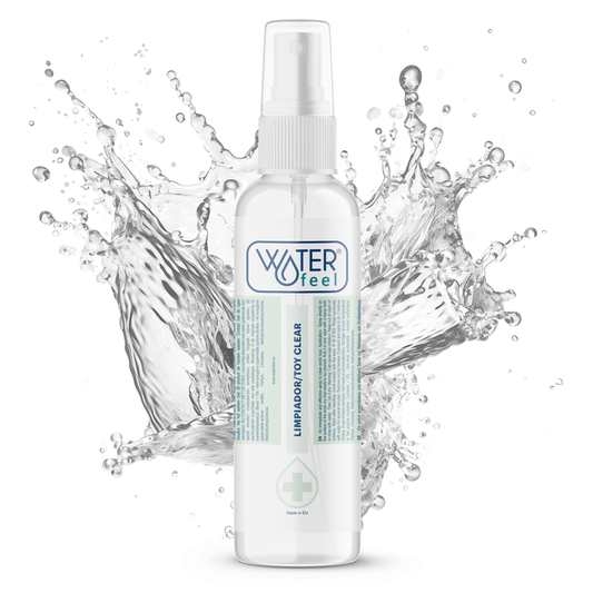 Spray bottle labeled 'Waterfeel' with water splashes on a white background