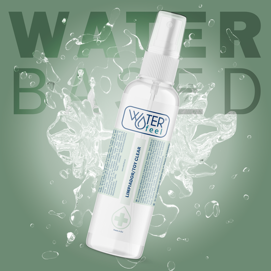 Spray bottle labeled 'Waterfeel' with water droplets and text on a green background