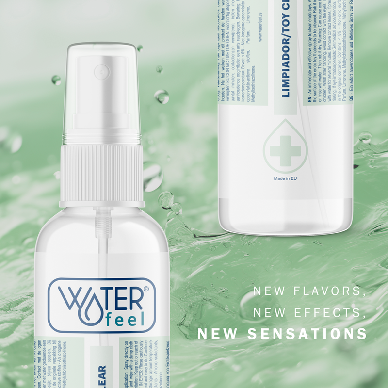 Clear spray bottle with 'Water Feel' branding on a green textured background