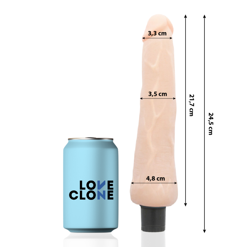 Measurement chart of a product with a can labeled 'LOVE CLONE' for scale.