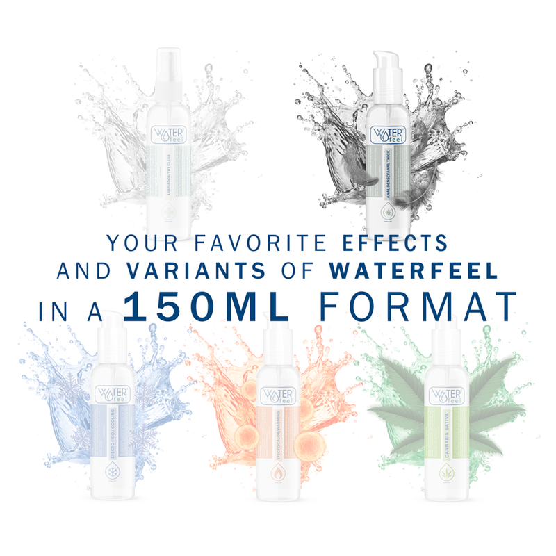 Promotional image of Waterfeel products with splashes and text about 150ml format.