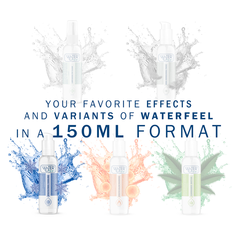 Waterfeel product with colorful splashes and text on a white background