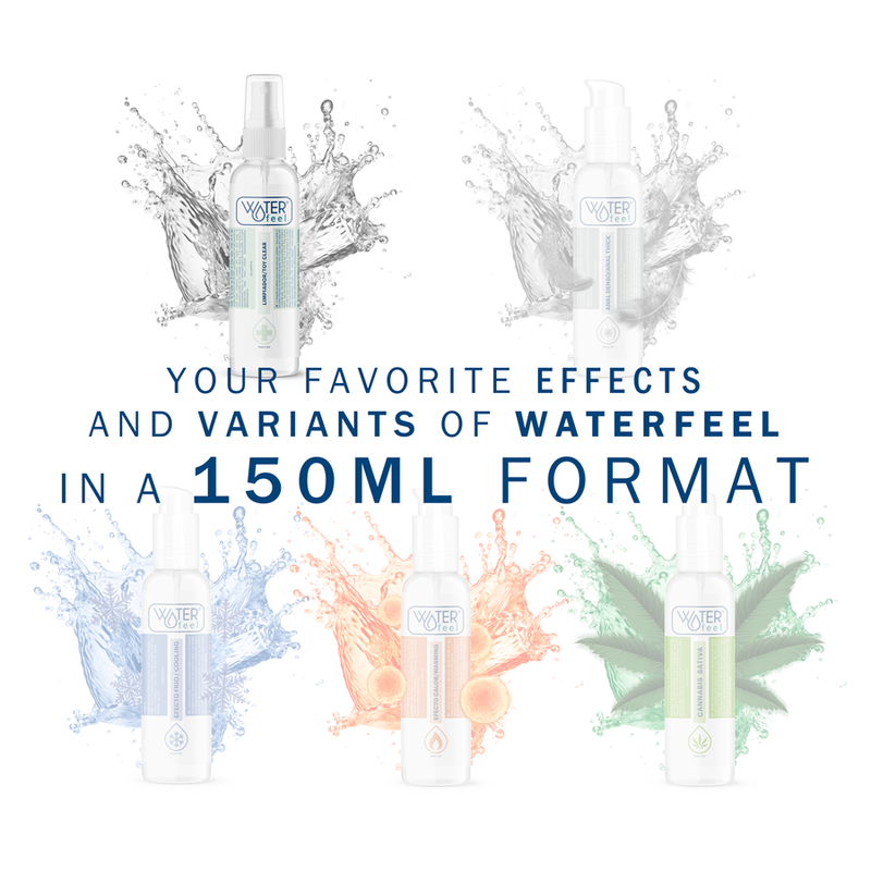 Promotional image of Waterfeel products with water splashes and text about 150ml format.
