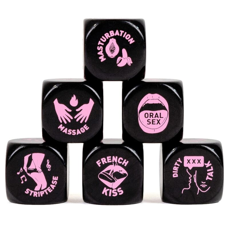 Black dice with pink sexual activities text on a white background