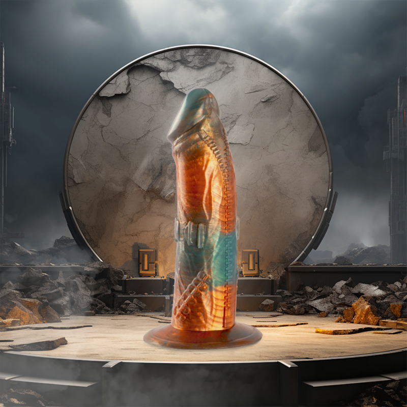 Colorful astronaut figure in a post-apocalyptic setting with a large circular object and dark sky.