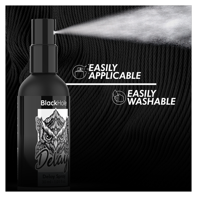 Black spray bottle labeled 'BlackHole Delay' with text 'Easily Applicable' and 'Easily Washable' on a black background.
