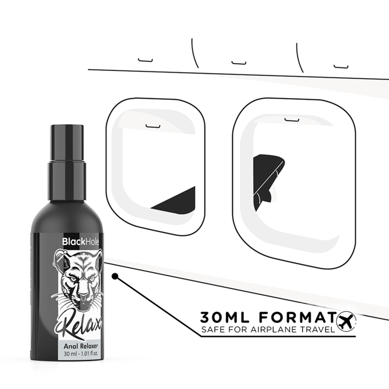 Black bottle labeled 'Black Hole Relax' with packaging illustrations on a white background