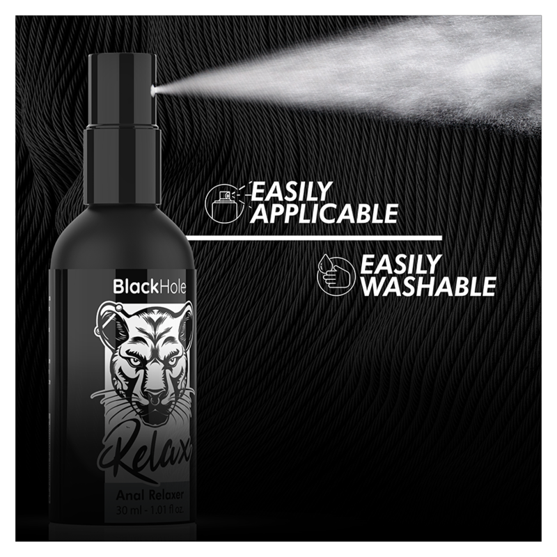 Black bottle labeled 'BlackHole Relax' with spray feature on a black background