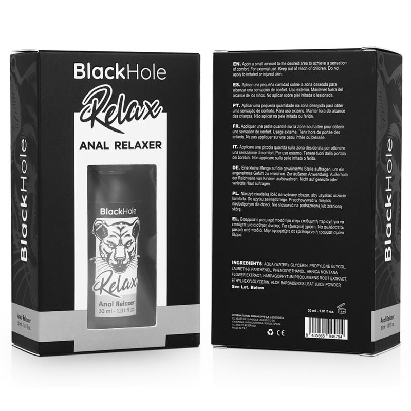 Black Hole Relax Anal Relaxer packaging with front and back views on a white background