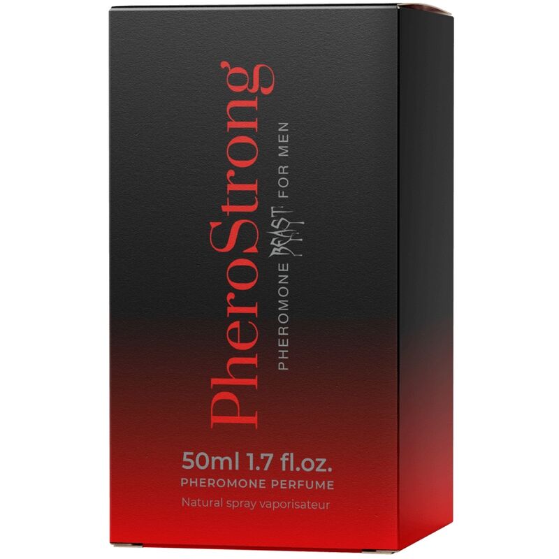 PheroStrong Pheromone Perfume packaging for men with black and red design.