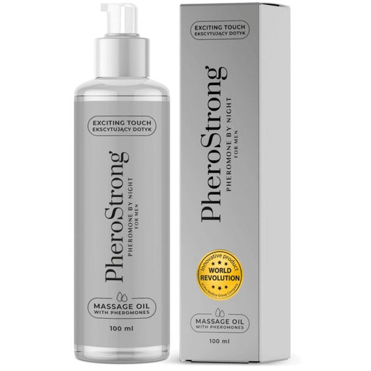 PheroStrong massage oil bottle and packaging on a white background