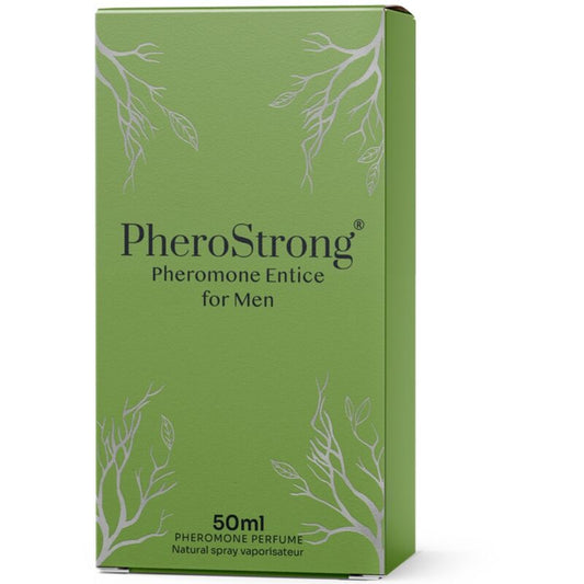 Green box of PheroStrong Pheromone Entice for Men on a white background