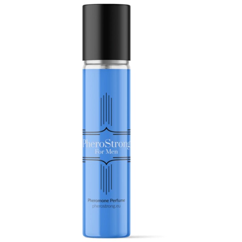 Blue perfume bottle with black cap on a white background
