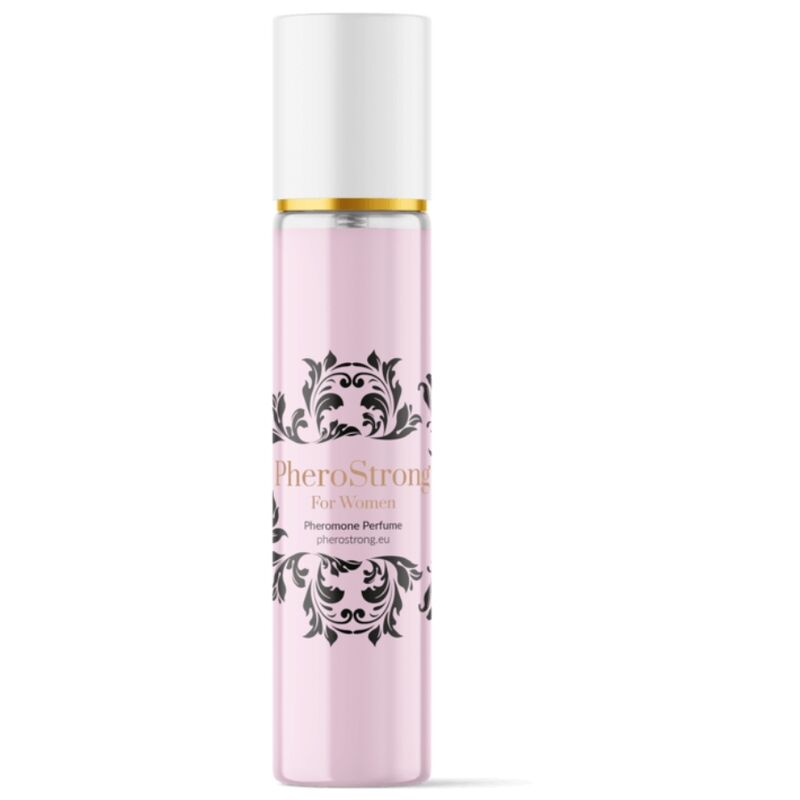 Pink perfume bottle with decorative design and 'PheroStrong' branding on a white background