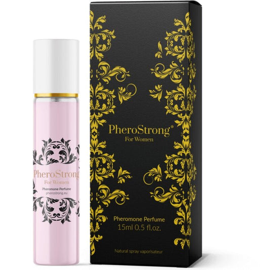 PheroStrong for womenpheromone perfume bottle and packaging with decorative design.