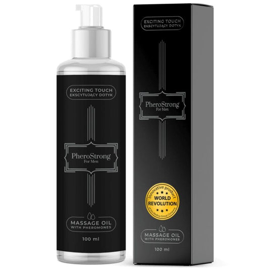 PheroStrong massage oil bottle and packaging on a white background