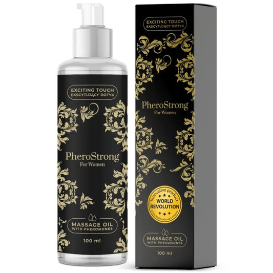 PheroStrong massage oil bottle and packaging on a white background