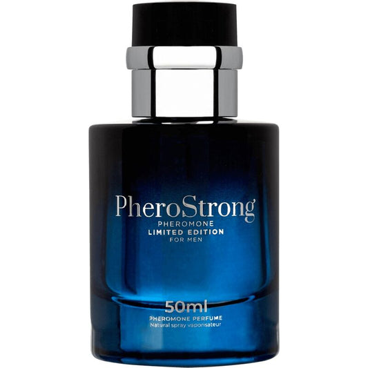 Blue perfume bottle labeled 'PheroStrong' on a white background