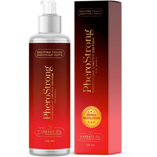 PheroStrong massage oil bottle and packaging on a white background
