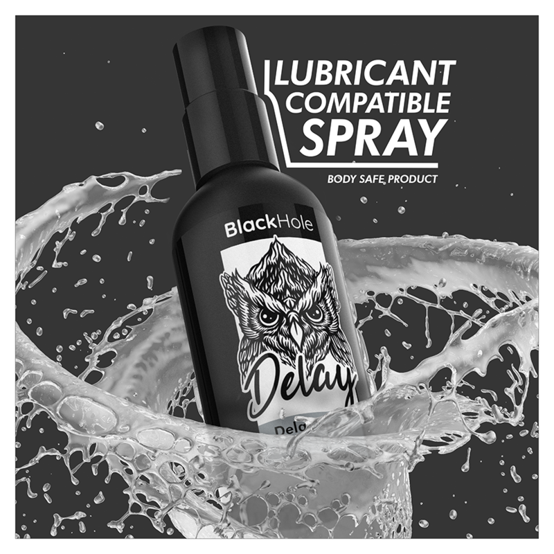 Black Hole Delay lubricant spray bottle with owl design on a black background