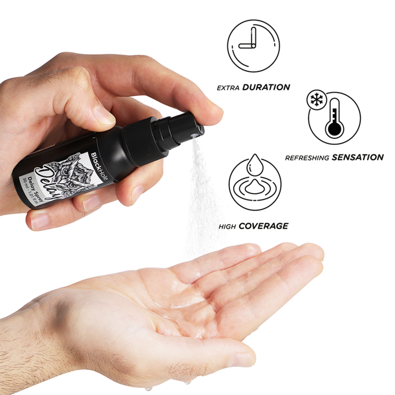 Hand holding a spray bottle with product being applied to palm, featuring icons for extra duration, refreshing sensation, high coverage, and refreshing sensation.