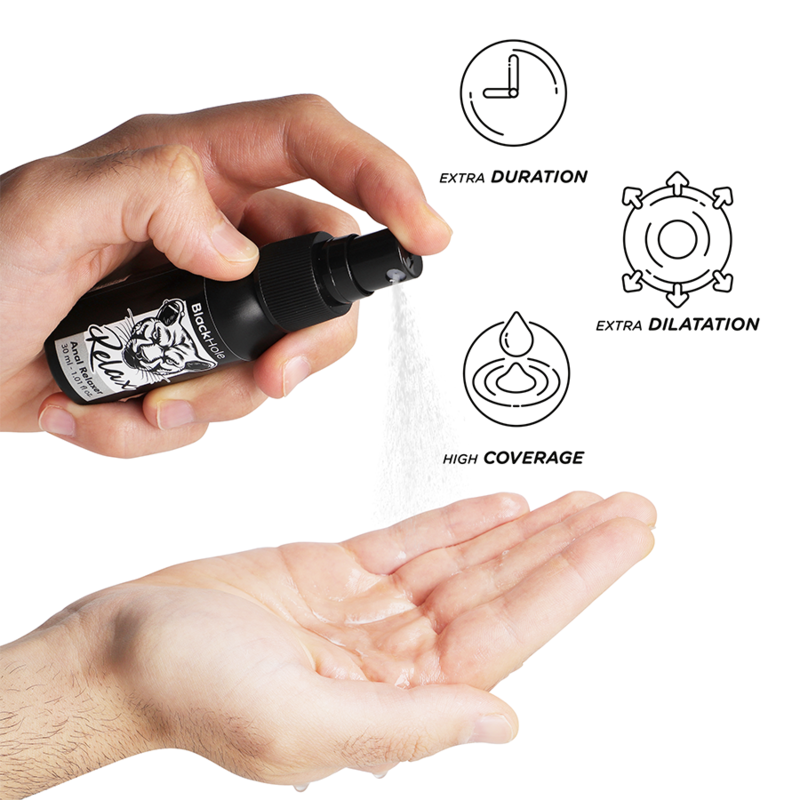 Hand holding a black spray bottle with product being applied to the palm, featuring icons and text about product features.