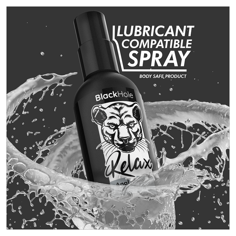 BlackHole Relax lubricant compatible spray with a black and white design on a black background.